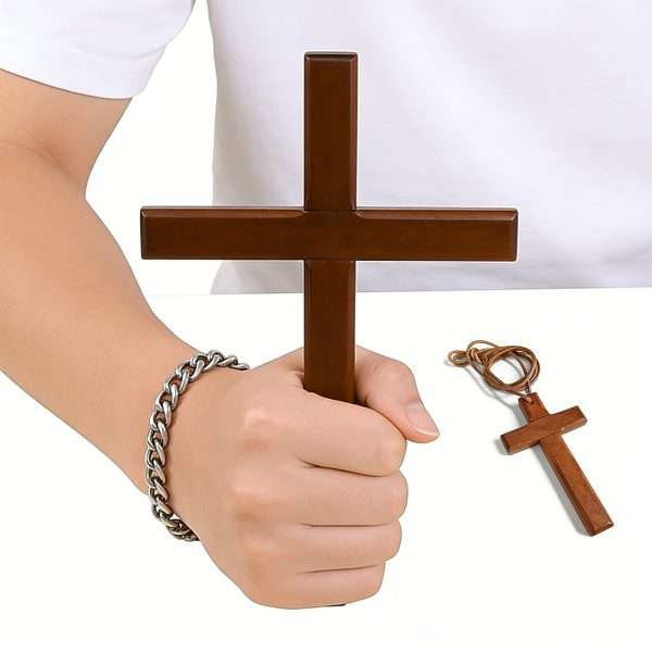 Wooden Cross Wall Decor Set small wearable wooden cross held in hand with braided lanyard necklace