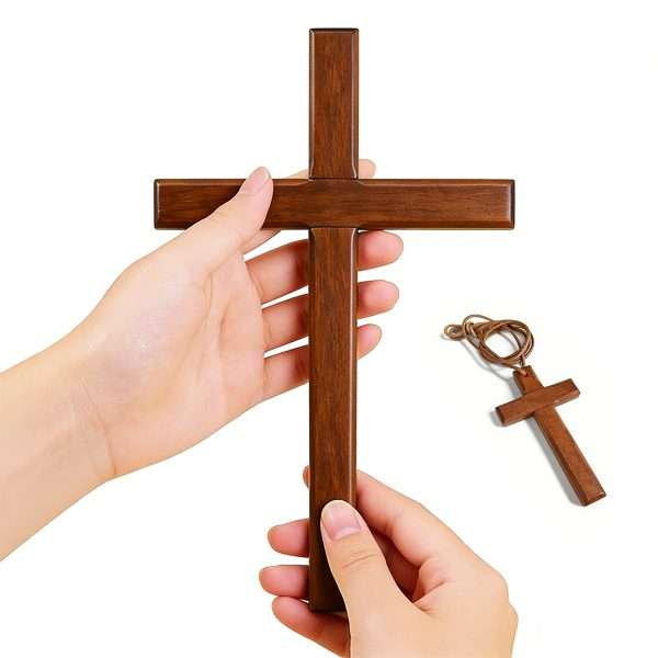 Wooden Cross Wall Decor Set large solid wood hand cross matching small pendant cross with rope lanyard white background