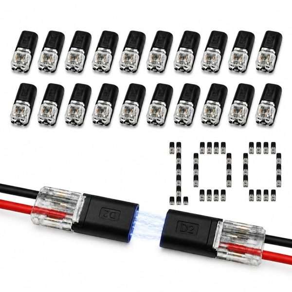 2-Pin Quick Wire Connectors 100 Pack no-strip plug wire splice with red black wire feature diagram white background