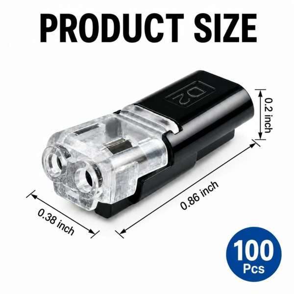 2-Pin Quick Wire Connectors product size chart 0.86in D2 wire connector 100pcs bulk pack