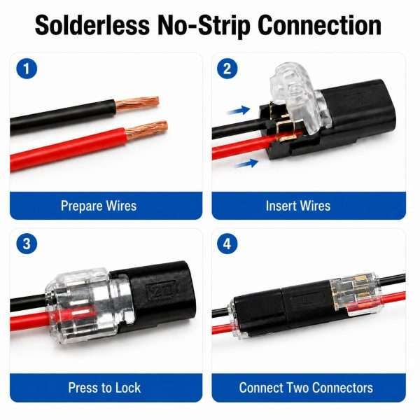 2-Pin Quick Wire Connectors 4-step installation guide solderless wire splice terminal operation diagram