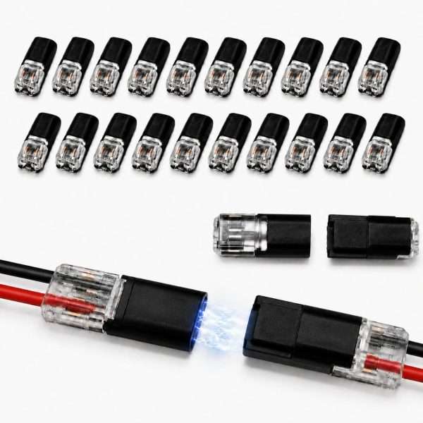 2-Pin Quick Wire Connectors 100pcs bulk laid flat two-piece plug-in wire connector mating demo