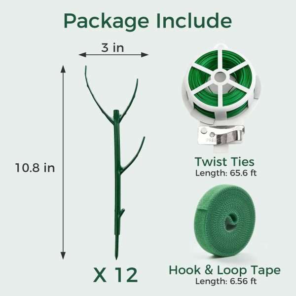 Size diagram of 10.8 inch stackable monstera plant support stakes, package includes 12 stakes, twist ties and plant tape