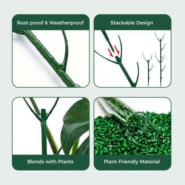 Rust-proof plastic monstera plant support stakes with stackable design, green finish blends with foliage