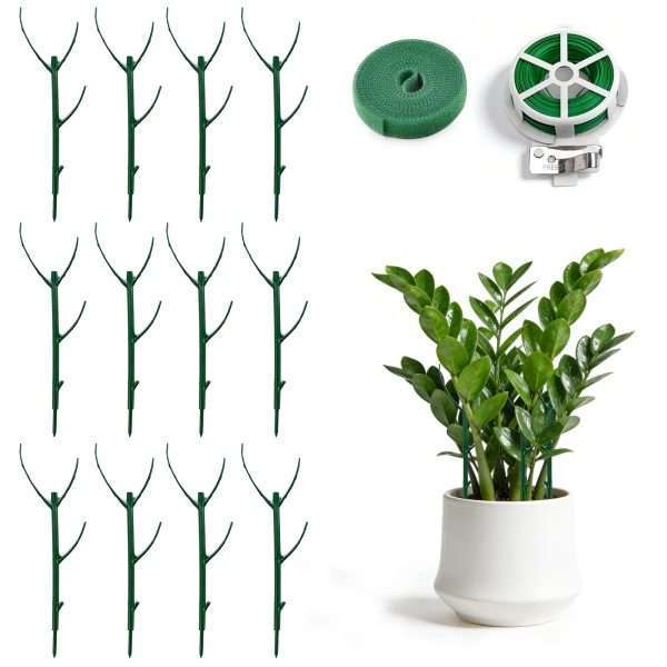 Stackable green monstera plant support stakes set with twist ties and hook loop tape for potted houseplants