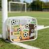 Soccer goodie bag filled with snacks placed on soccer field sideline for kids sports party treat storage