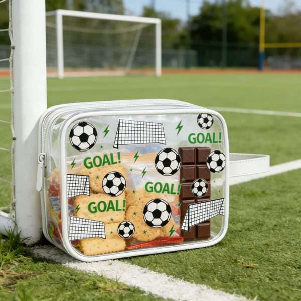 Soccer goodie bag filled with snacks placed on soccer field sideline for kids sports party treat storage