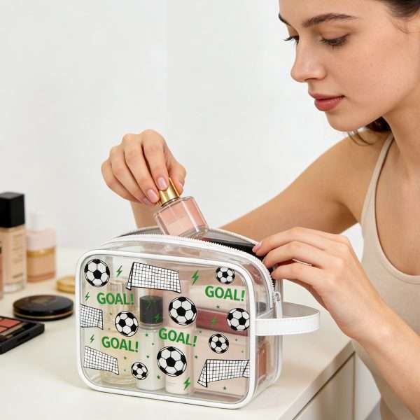 Clear soccer goodie bag used as travel makeup toiletry bag for daily cosmetic storage