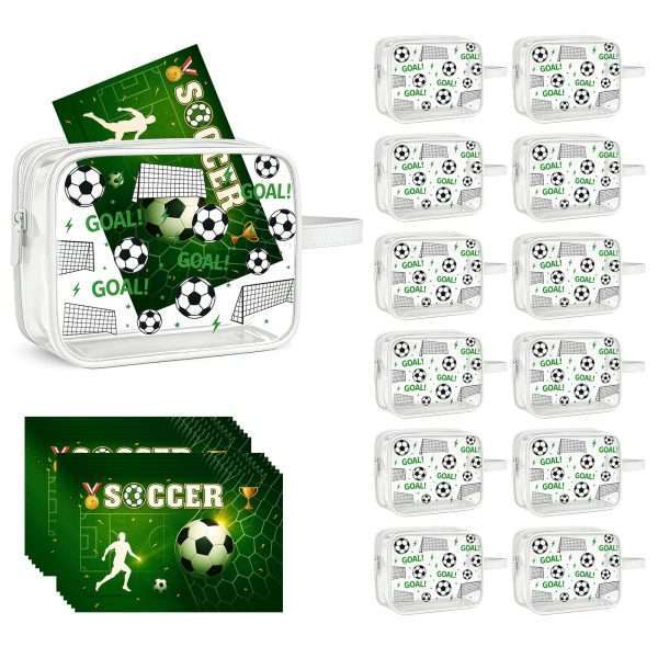 Full set of 12 soccer goodie bags with matching soccer themed paper cards for birthday party gift packaging