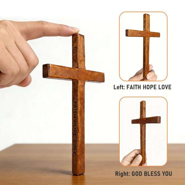Wooden Cross Wall Decor Set engraved side details "Faith Hope Love" "God Bless You" natural wood cross feature chart