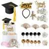Full 21pcs graduation cake topper set assortment including grad cap, diploma, balls, ginkgo leaves and white flowers