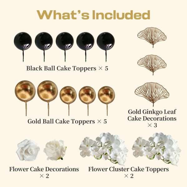 Gold & black ball, ginkgo leaf and flower cake picks included in 21 piece graduation cake topper set