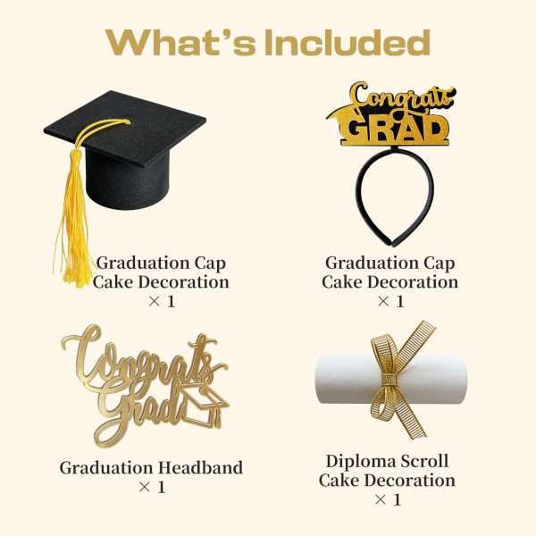 Grad cap, diploma scroll and Congrats Grad topper parts of graduation cake topper decoration set