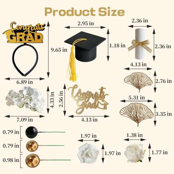 Full 21pcs graduation cake topper set assortment including grad cap, diploma, balls, ginkgo leaves and white flowers