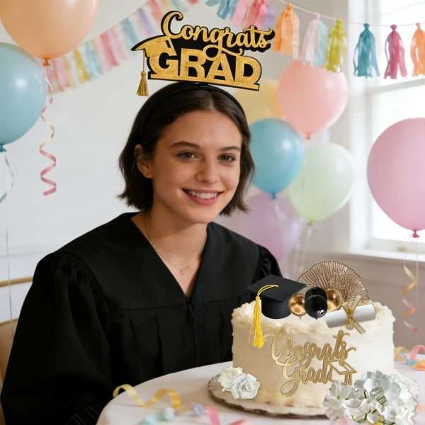 Congrats grad headband from graduation cake topper set worn by graduate beside decorated celebration cake