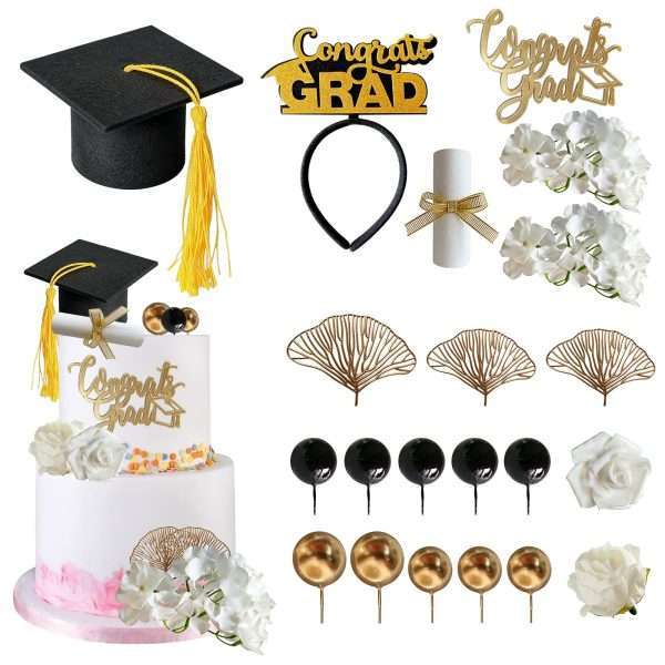Full 21pcs graduation cake topper set assortment including grad cap, diploma, balls, ginkgo leaves and white flowers