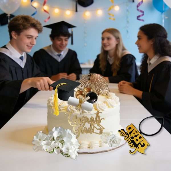 Complete graduation cake topper set styled on cake for group graduation party dessert table decor