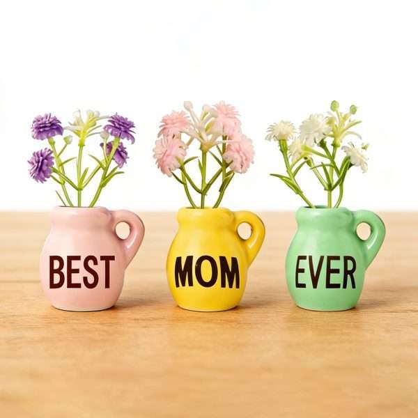 Pink yellow green Ceramic Mini Vase Fridge Magnets complete set with matching faux flowers table display