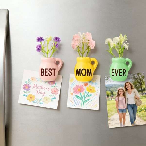 3 pack Ceramic Mini Vase Fridge Magnets with artificial flowers attached on refrigerator for Mother's Day decor