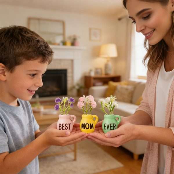 Kid gifting Ceramic Mini Vase Fridge Magnets set to mom as sweet Mother's Day home decoration gift