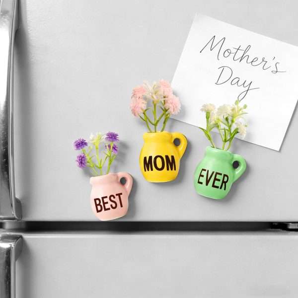 Ceramic Mini Vase Fridge Magnets holding family photos and Mother's Day note cards on fridge surface