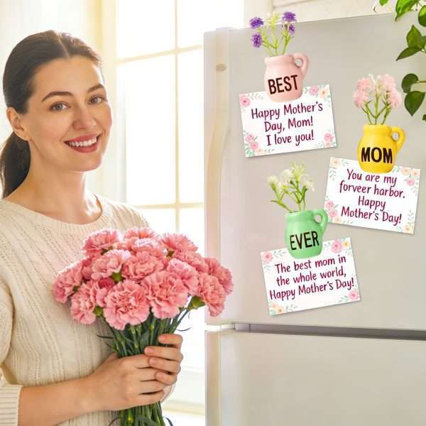 Ceramic Mini Vase Fridge Magnets set on kitchen fridge beside fresh carnation bouquet for Mother's Day vibe