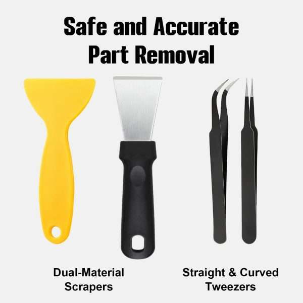 Dual-material scrapers and straight curved tweezers from 3D Printer Maintenance Tool Kit for safe printed part removal