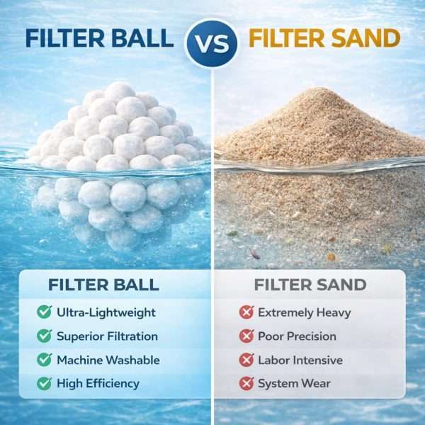 Comparison chart of lightweight pool filter sand replacement balls vs heavy traditional pool filter sand media