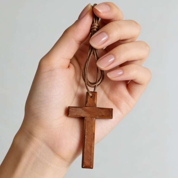Wooden Cross Wall Decor Set small wearable wooden cross held in hand with braided lanyard necklace