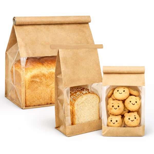 50 pack kraft bakery bags with window in small, medium and large sizes for bread and cookie packaging