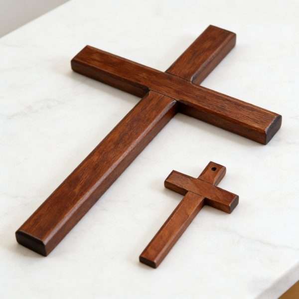 Wooden Cross Wall Decor Set two size large and small solid wood crosses laid flat on marble tabletop