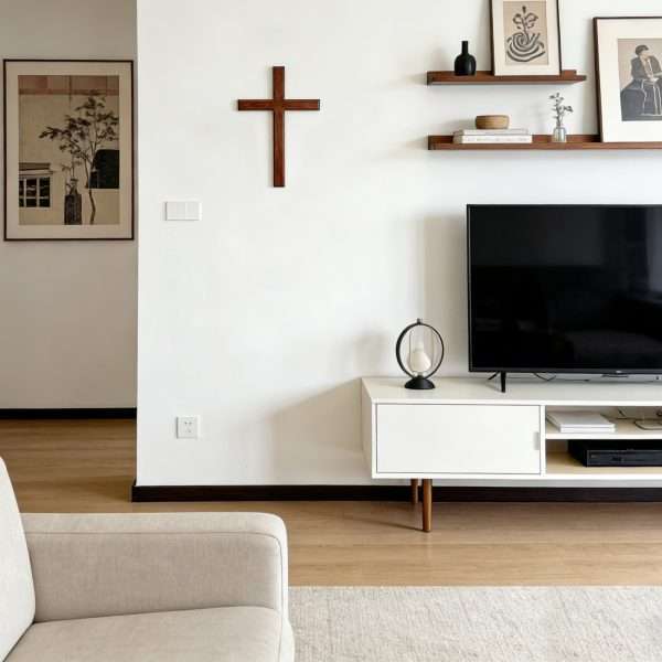 Wooden Cross Wall Decor Set large wooden cross hanging on living room white wall Christian home decor scene