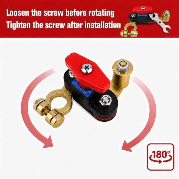 Dual 180-degree rotatable design of 12V battery disconnect switch for flexible under-hood installation angles