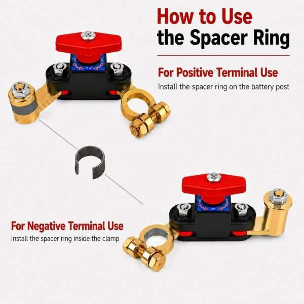 Installation guide for spacer ring of battery disconnect switch on positive and negative top battery posts