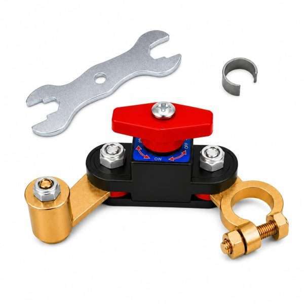 Solid brass top post battery disconnect switch kit with installation wrench and spacer ring for vehicle batteries