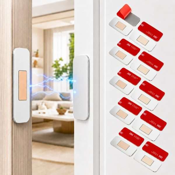 10 pack ultra-thin cabinet magnets installed on wooden cabinet door with 3M VHB adhesive strips for secure closing