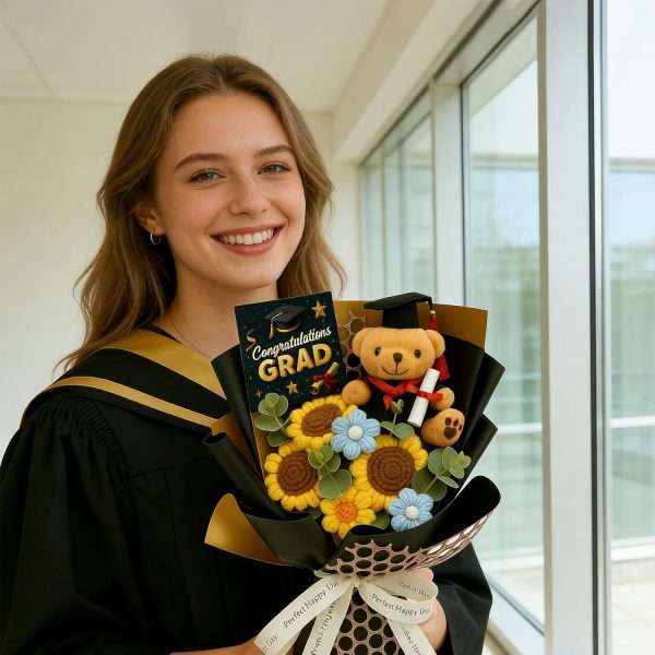 graduation bear crochet flower bouquet with sunflower 1