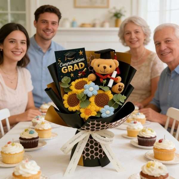 graduation bear crochet flower bouquet with sunflower 5