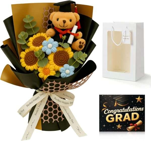 graduation bear crochet flower bouquet with sunflower