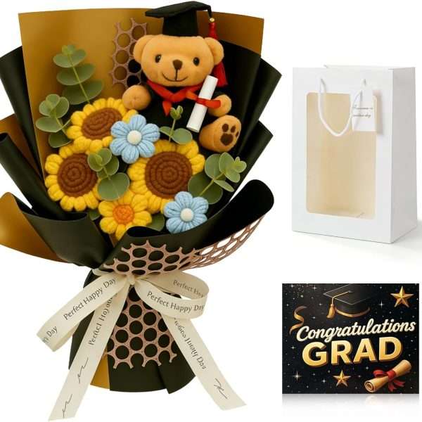 graduation bear crochet flower bouquet with sunflower