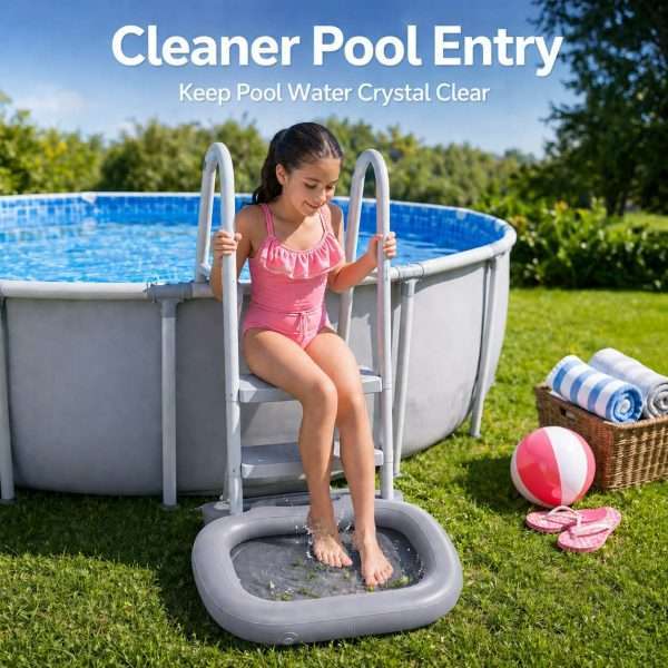 Inflatable pool foot wash basin beside above ground pool ladder for clean pool entry