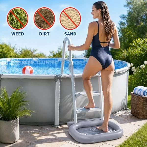 Inflatable foot wash basin next to above ground pool to wash sand, grass and dirt before entering pool