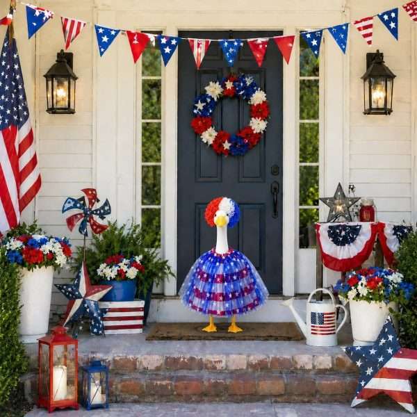 Patriotic porch goose costume displayed on entry porch with 4th of July American flag holiday decorations