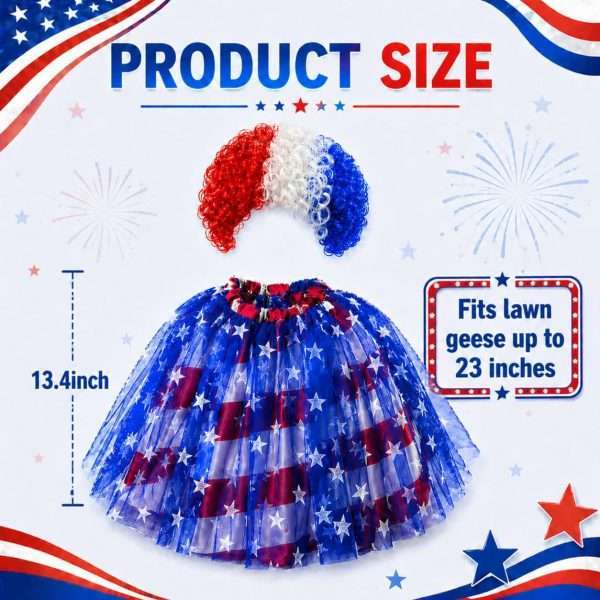 Size chart of patriotic lawn goose wig and star tulle skirt, fits up to 23 inch outdoor porch goose statue