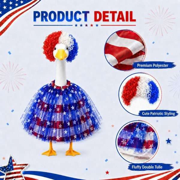 Premium polyester patriotic porch goose outfit detail with fluffy wig and double layer star printed tulle skirt