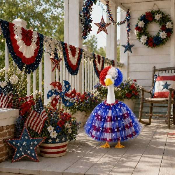 Patriotic USA themed goose costume set decorating front porch railings for Independence Day holiday display