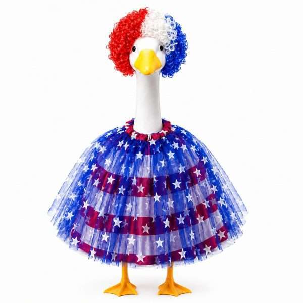 Patriotic porch goose outfit with red white blue curly wig and USA star striped tulle tutu skirt for lawn goose statue