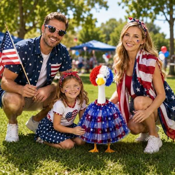 Family posing with patriotic lawn goose costume for outdoor 4th of July party holiday decorations