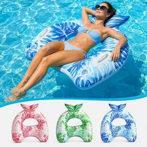 Adult relaxing on blue inflatable pool float chair, full set of 3 colorful pool lounge floats display
