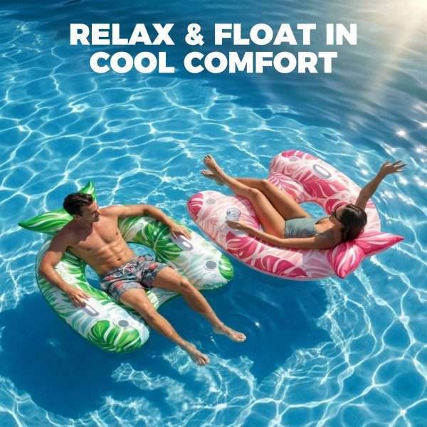 Man and woman floating on inflatable pool float chairs for summer backyard pool relaxation